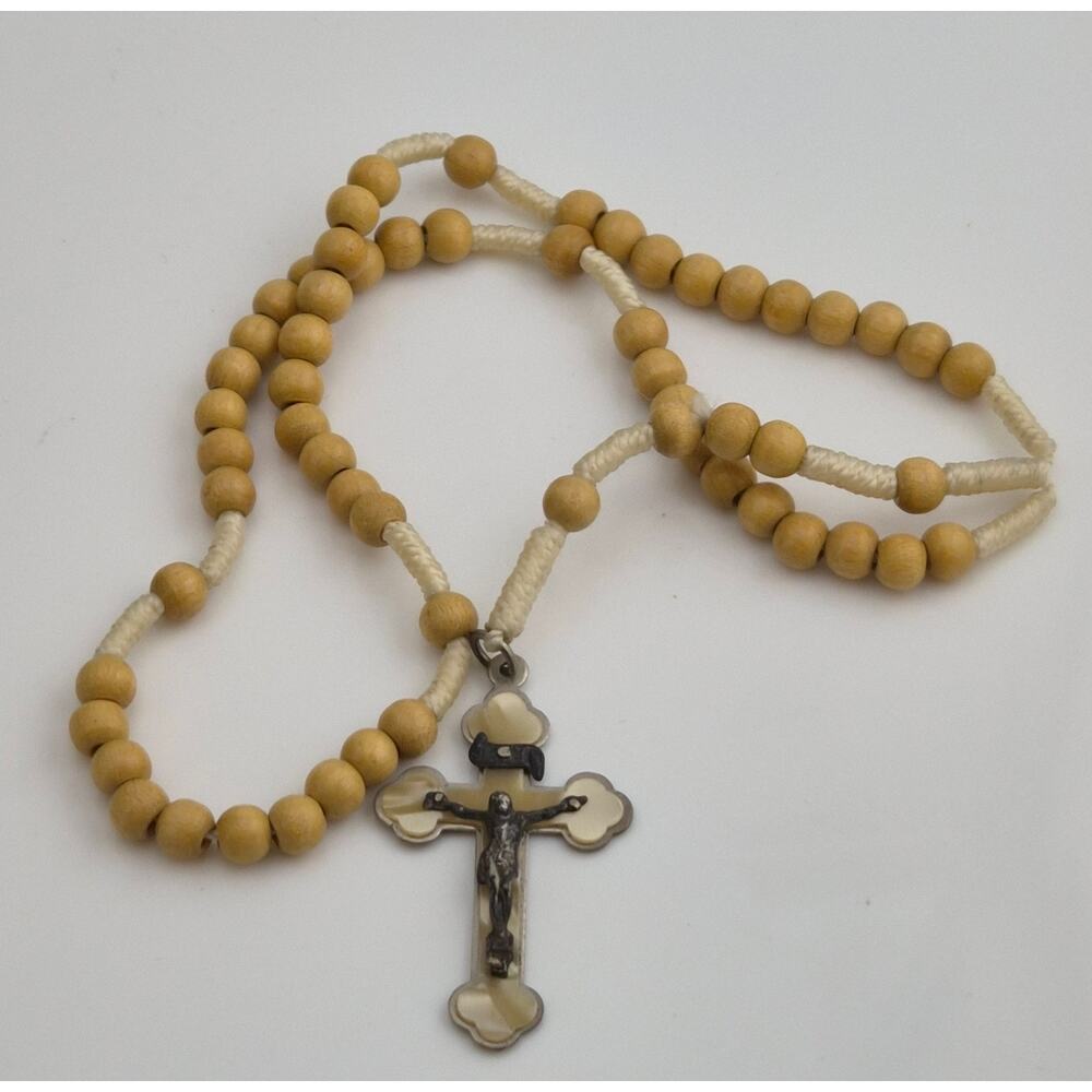 Vintage Catholic Rosary Necklace Wood Beads Crucifix Prayer Beads